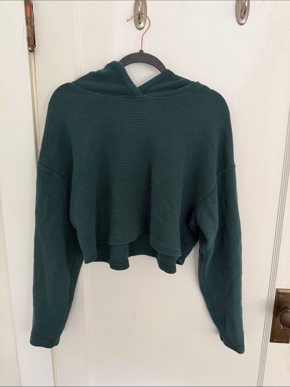 Cropped Hooded Waffle Knit Pullover - Deep Teal